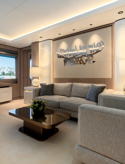 Comfortable seating area, with two sofas and small table and artwork on wall behind on superyacht O'PARI