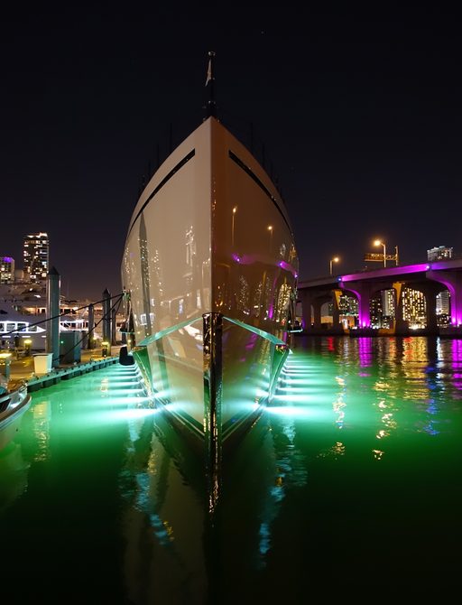 Hull of a superyacht against the Miami skyline