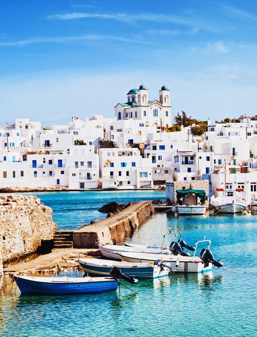 white brick buildings of Paros town in Cycladic Islands, Greece