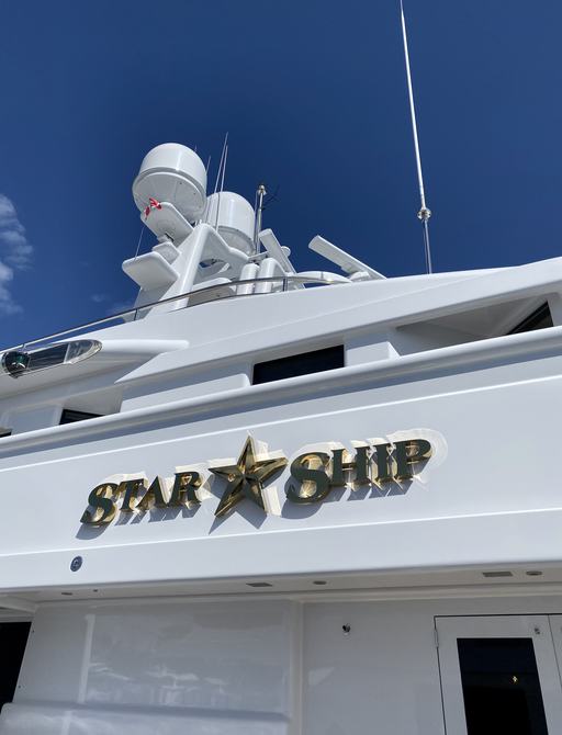starship yacht name plate during bahamas charter show