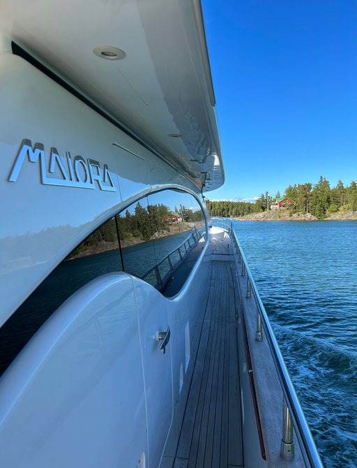 View down the starboard side of Maori yacht XUMI, Finland