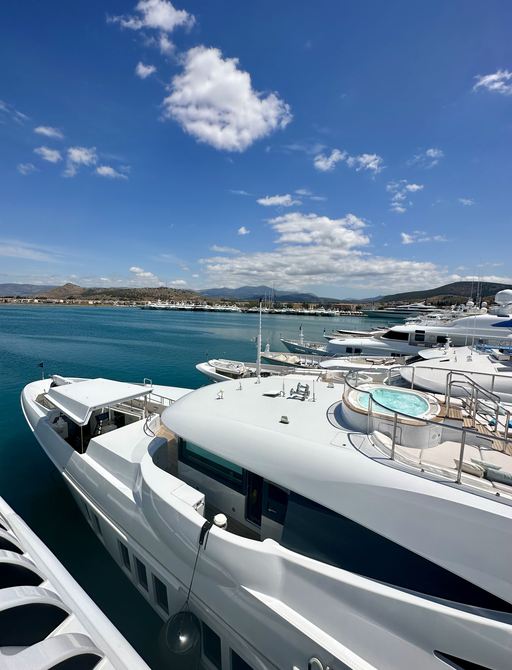 Superyacht charters berthed in line at the Mediterranean Yacht Show