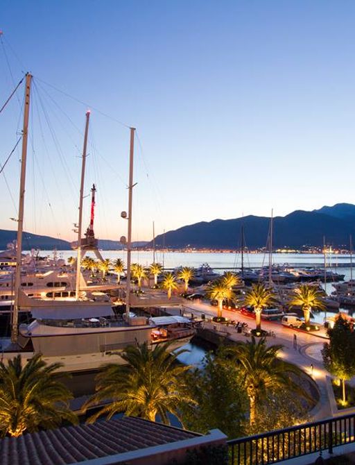 Superyachts in Porto Montenegro at sunset