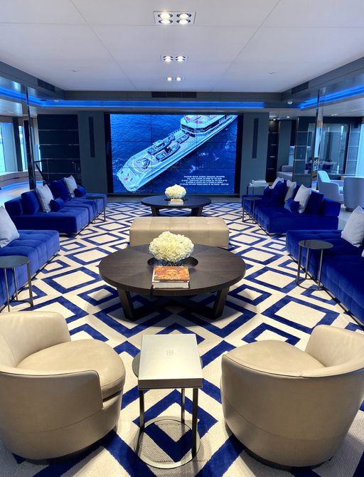 the interior lounge / cinema room in superyacht BOLD at the miami yacht show 2020
