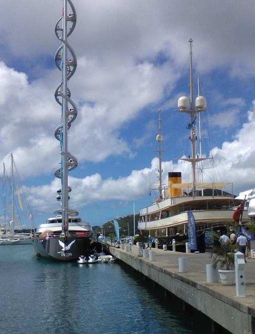 superyacht NERO berths beside sailing yacht Maltese Falcon at the 2016 Antigua Charter Show