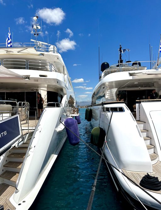 Charter yachts berthed adjacently at the Mediterranean Yacht Show (MEDYS)