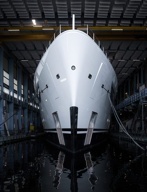 Close up view looking directly at the bow of Feadship 'Project 822' inside construction shed.