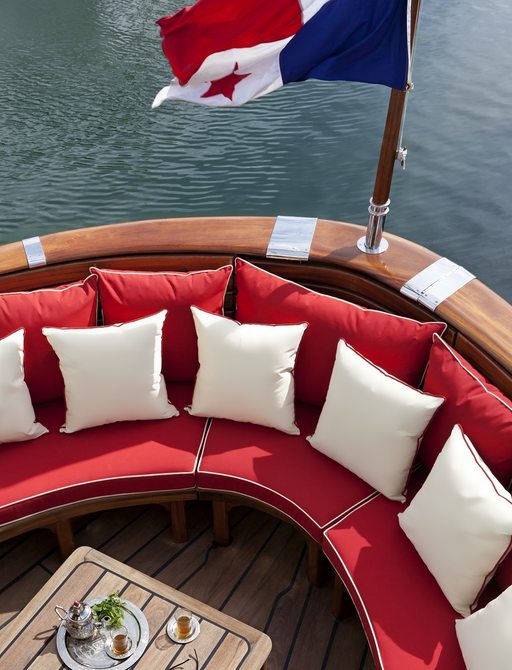 sofa area on classic yacht 'La Sultana'