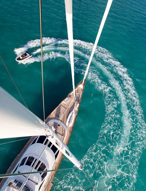 Aerial view of luxury yacht Ellen with tender