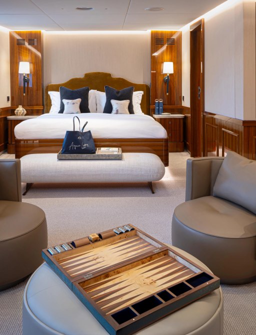Charter yacht AQUA LARES guest cabin with seating