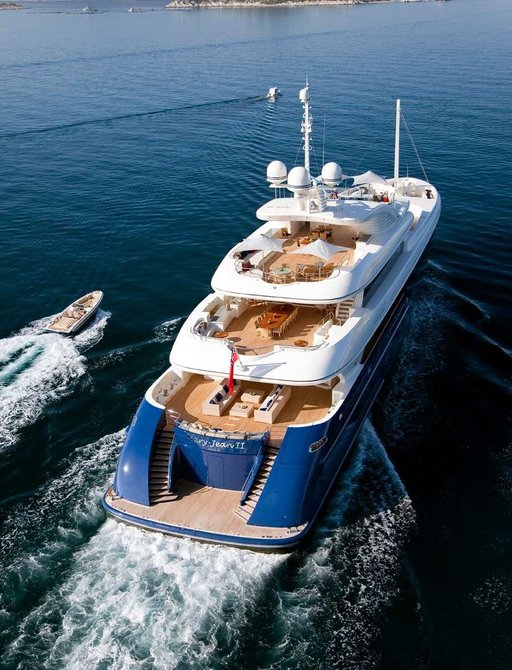 aerial shot of superyacht Mary-Jean II takes in her three decks
