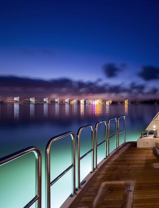 swim platform of motor yacht ‘Far Niente’ as the sun sets