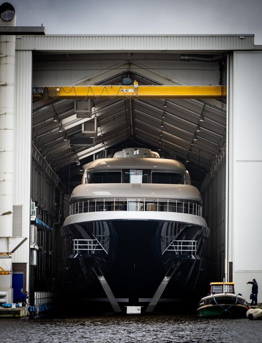 705 yacht from Feadship emerges from construction shed