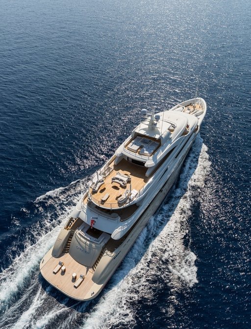 Overhead shot of motor yacht O'Pari 3 cruising on charter