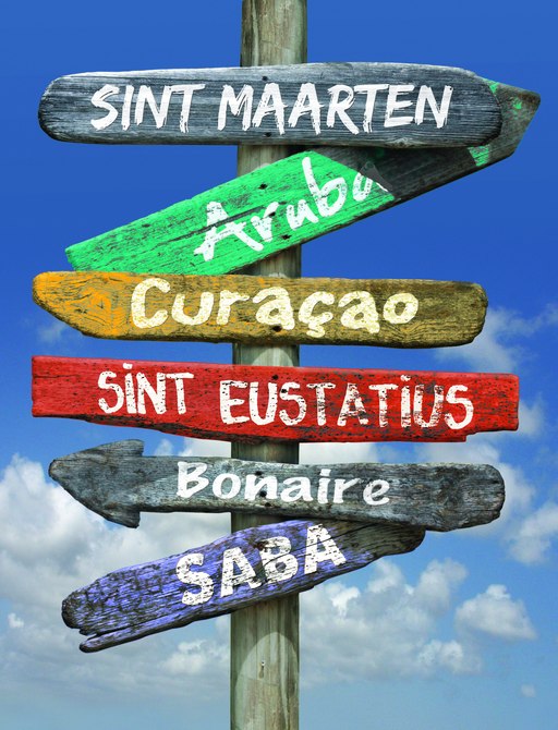 Colorful wooden painted signposts pointing to different Caribbean destinations