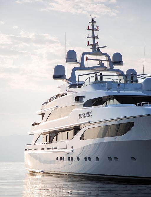 side view of motor yacht ‘Silver Angel’ cruising in the Mediterranean on a luxury yacht charter