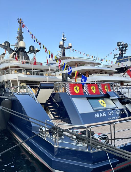 Decorated aft deck on board charter yacht MAN OF STEEL at the Monaco Grand Prix 2022