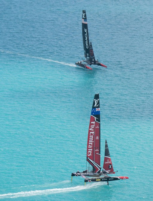 Emirates Team New Zealand and ORACLE TEAM USA race in the America's Cup Final match in Bermuda in 2017