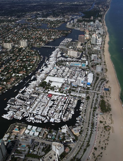 aerial shot of 1,200 plus yachts lined up for the Fort Lauderdale International Boat Show