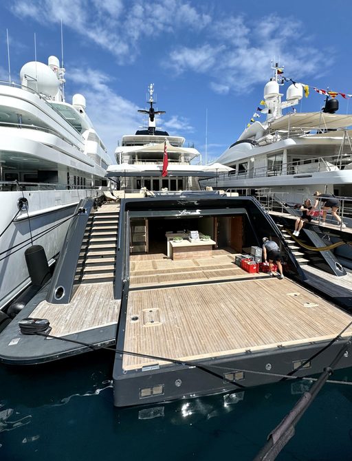 Aft view of charter yacht LOON berthed in Port Hercule