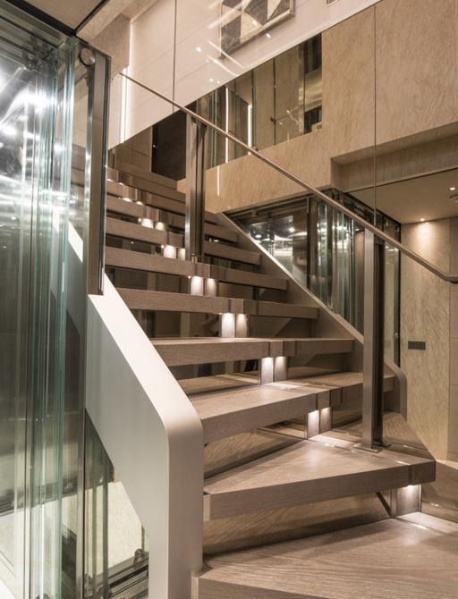 Wooden staircase descending on superyacht SEVERIN'S 