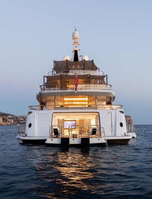 Rear profile shot of beach club on board charter yacht ARTISAN