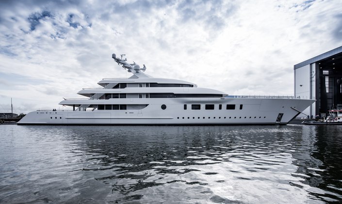 Feadship 95m hybrid superyacht BLISS hits the water