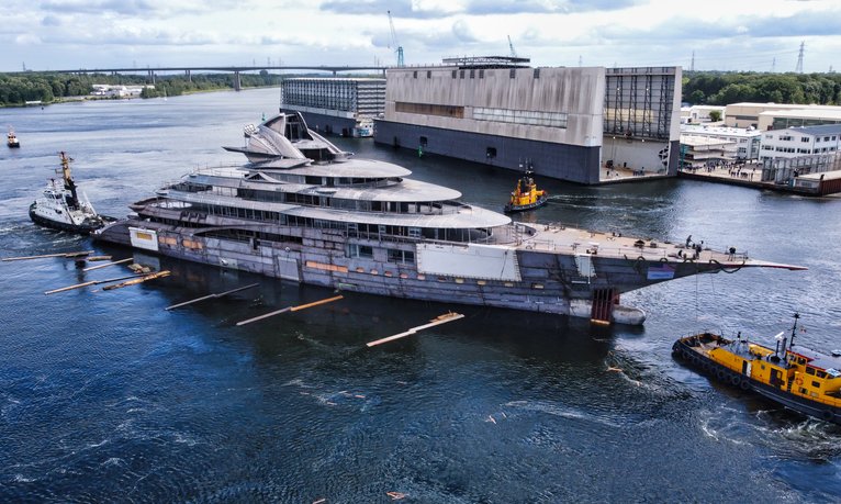 Project Jag: latest photos of 125m Lurssen mega yacht as she hits the water for her technical launch