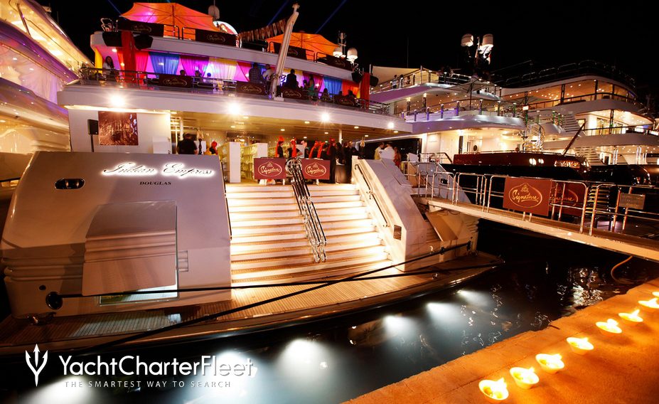 Party at night aboard 95m MegaYacht Indian Empress